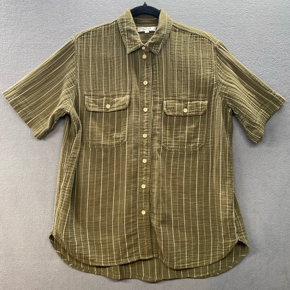 Madewell Lightspun Short Sleeve Flap Pocket Shirt Kale‎ Stripe Womens S Cotton